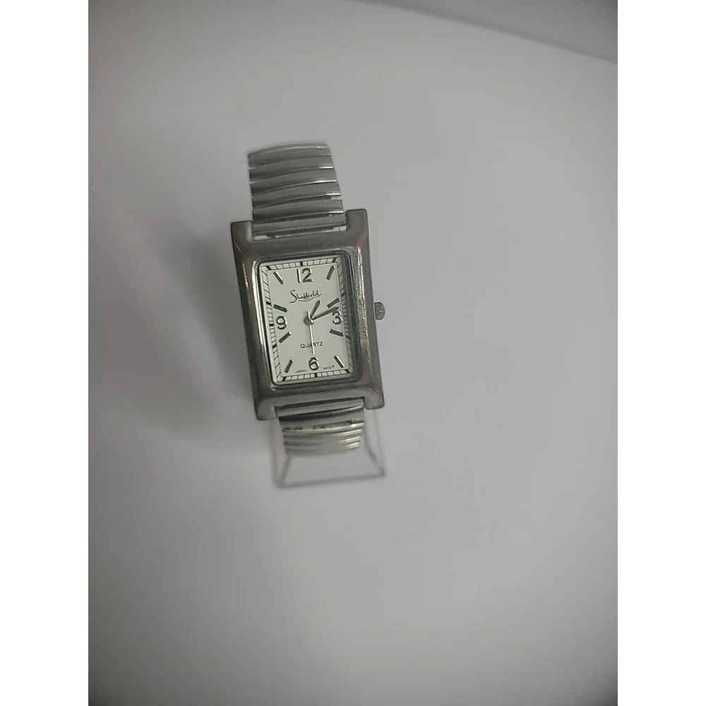 Vintage Sheffield Wristwatch Watch Silver Tone Elastic‎ Metal Band Womens